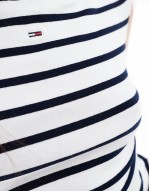 off shoulder top in white and navy stripe