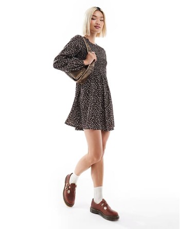 shirred long sve mini  smock dress in brown floral