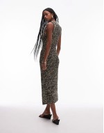 crochet knitted maxi dress in beige and black twist